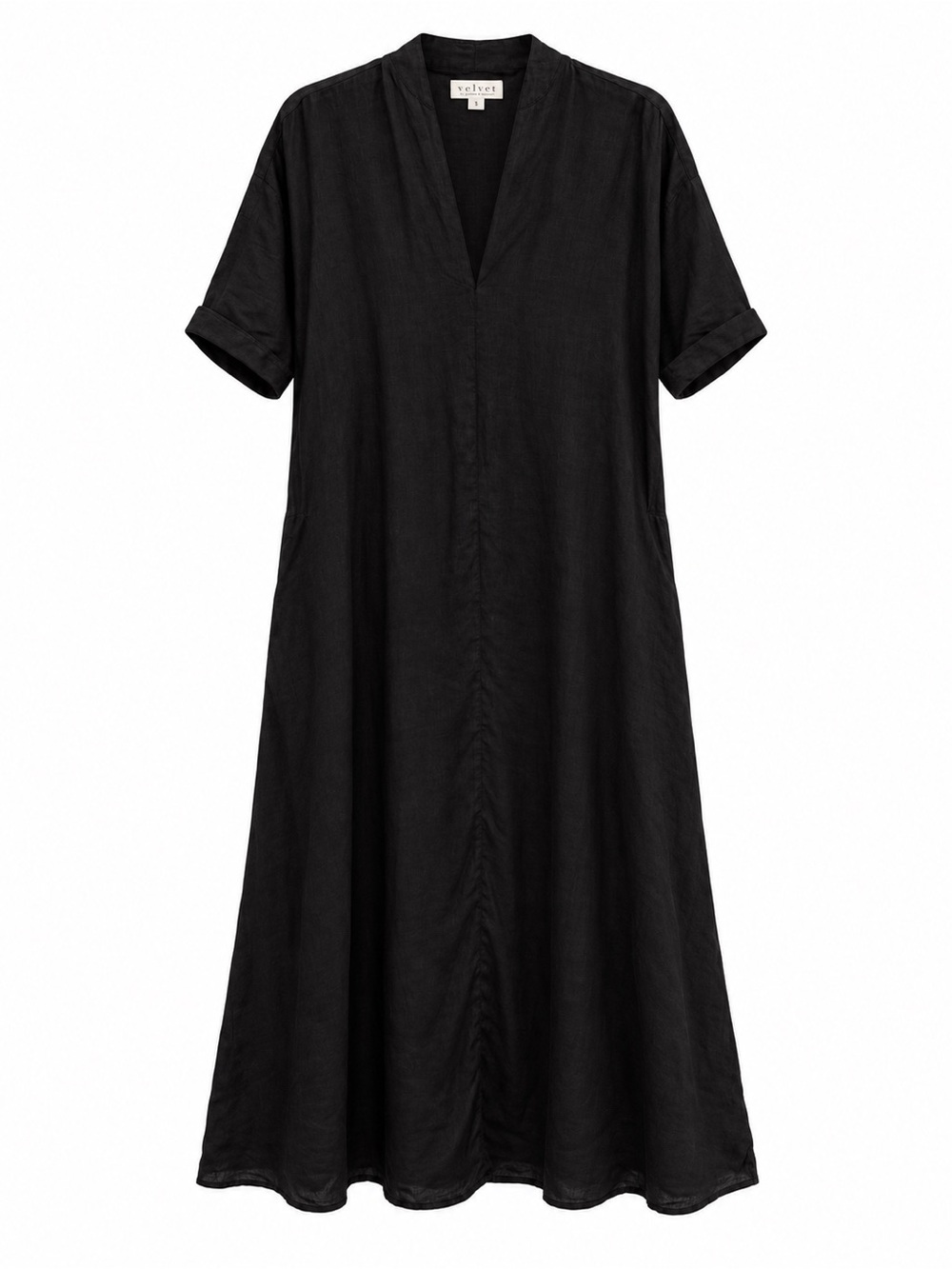 Velvet Graham & Spencer Nora V Neck Linen Midi Dress Black Medium Short Sleeves